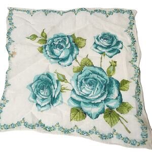 VTG HANKIE LG BLUE ROSE BRIDAL SOMETHING BLUE OLD SCALLOPED EDGE POCKET SCARF